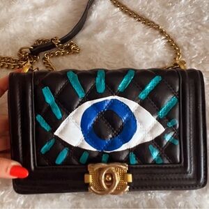 Hand painted bag - evil eye - black and gold side bag